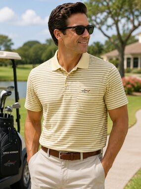 Greg Norman for Tasso Elba Polo Shirt Mens M Yellow Blue Stripe Golf Pocket